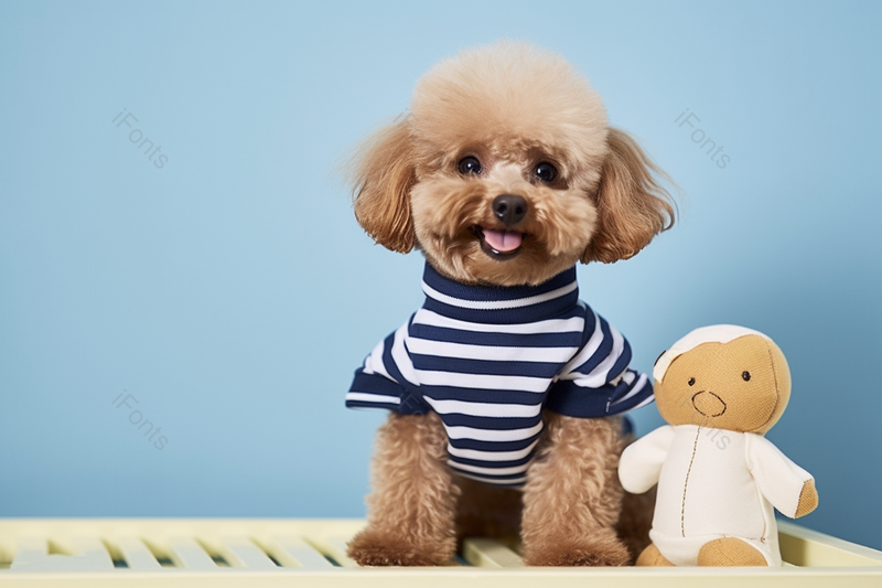 贵宾犬小泰迪端正在地面与玩偶短毛吐舌头,高清,摄影图,摄影图片,图片大全,摄影图免费下载